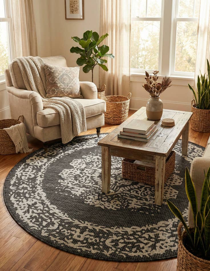 Detail image of  5' 3 x 5' 3  Washable Traditional Indoor / Outdoor Round Rug