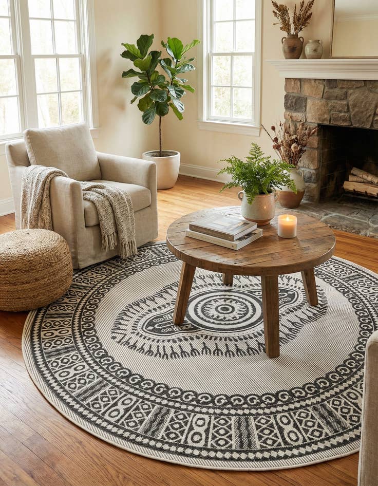 Detail image of 7' 10 x 7' 10 Easy-Clean Traditional Indoor / Outdoor Round Rug