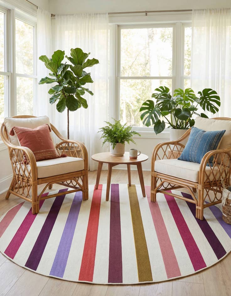 Detail image of 6' x 6'  Washable Striped Indoor / Outdoor Round Rug