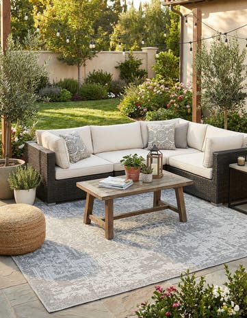 Light Gray Easy-Clean Traditional Indoor / Outdoor Square Rug