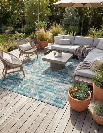 Aqua Blue Easy-Clean Modern Indoor / Outdoor Square Rug