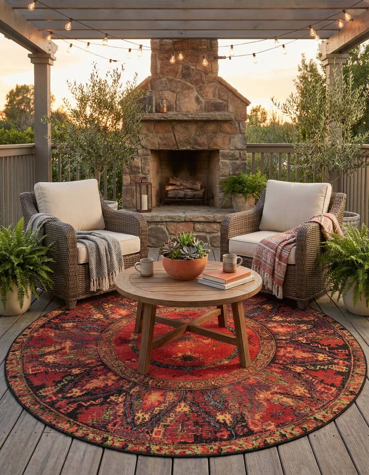 Detail image of 5' x 5'  Washable Tribal Indoor / Outdoor Round Rug