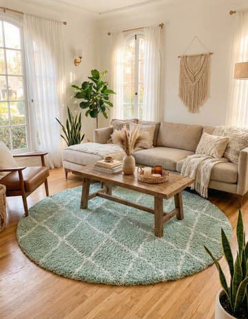 White Cyan Moroccan Shag Round Rug
