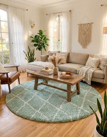 White Cyan Moroccan Shag Round Rug