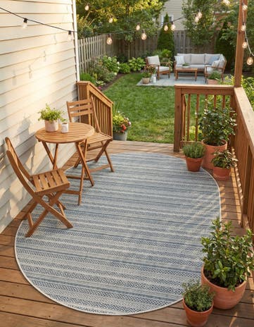 Light Blue Easy-Clean Ribbon Indoor / Outdoor Oval Rug