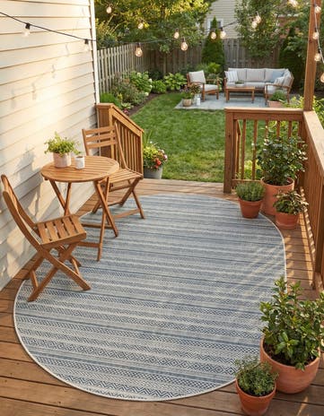 Light Blue Easy-Clean Ribbon Indoor / Outdoor Oval Rug