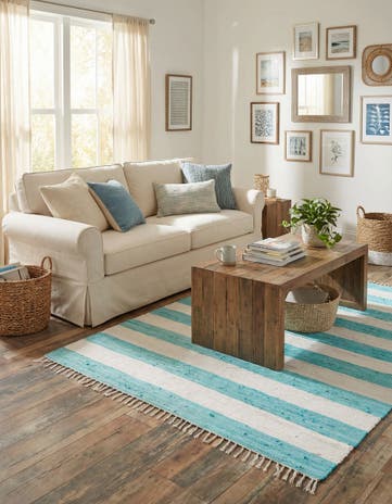 Turquoise and Ivory Hand Woven Chindi Rag Square Rug