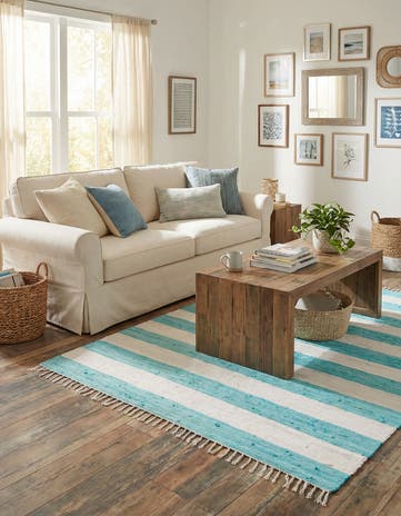 Turquoise and Ivory Hand Woven Chindi Rag Square Rug