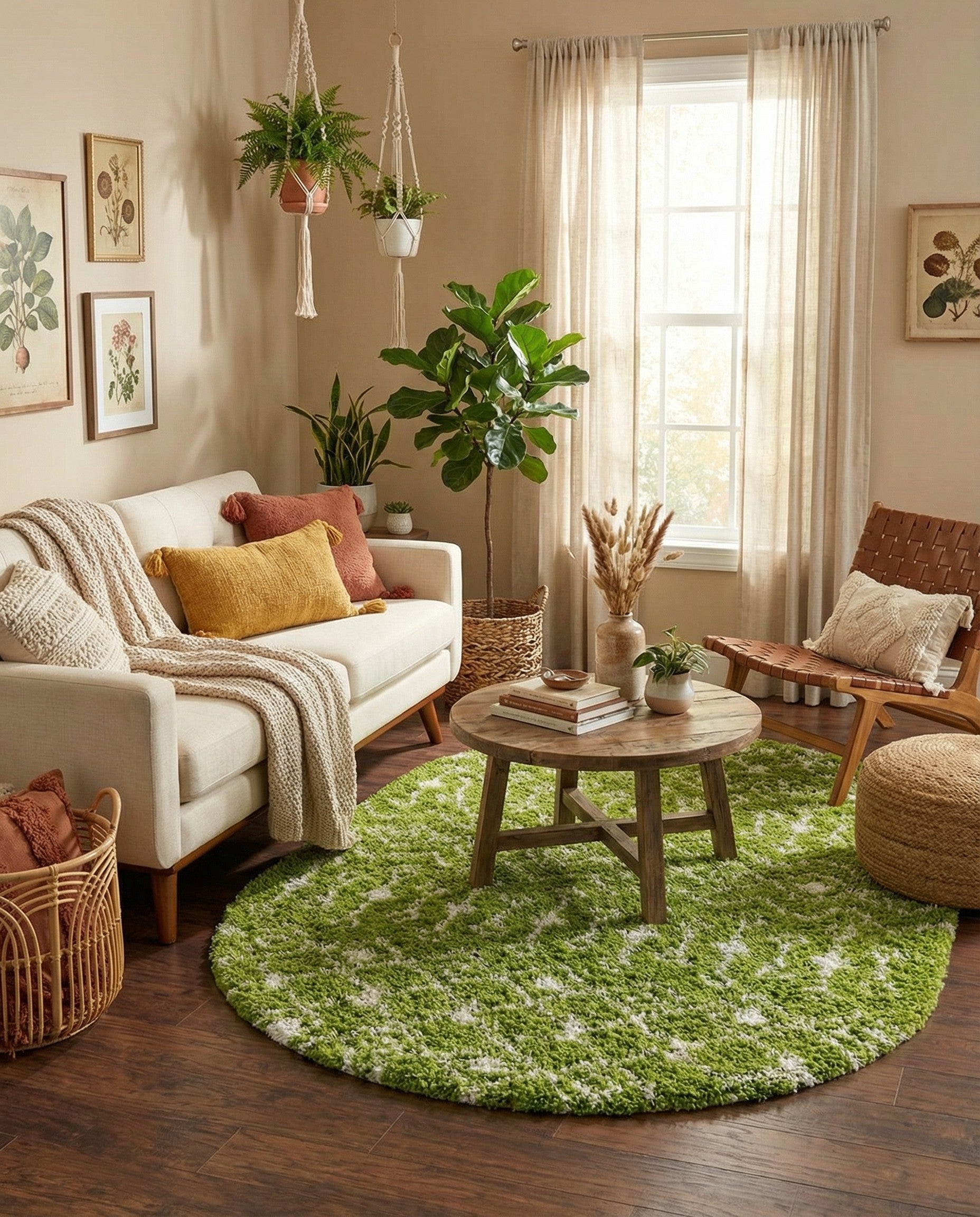 A vibrant green and white oval shag rug featuring a modern tribal trellis pattern, perfect for adding a cozy touch to any indoor space.