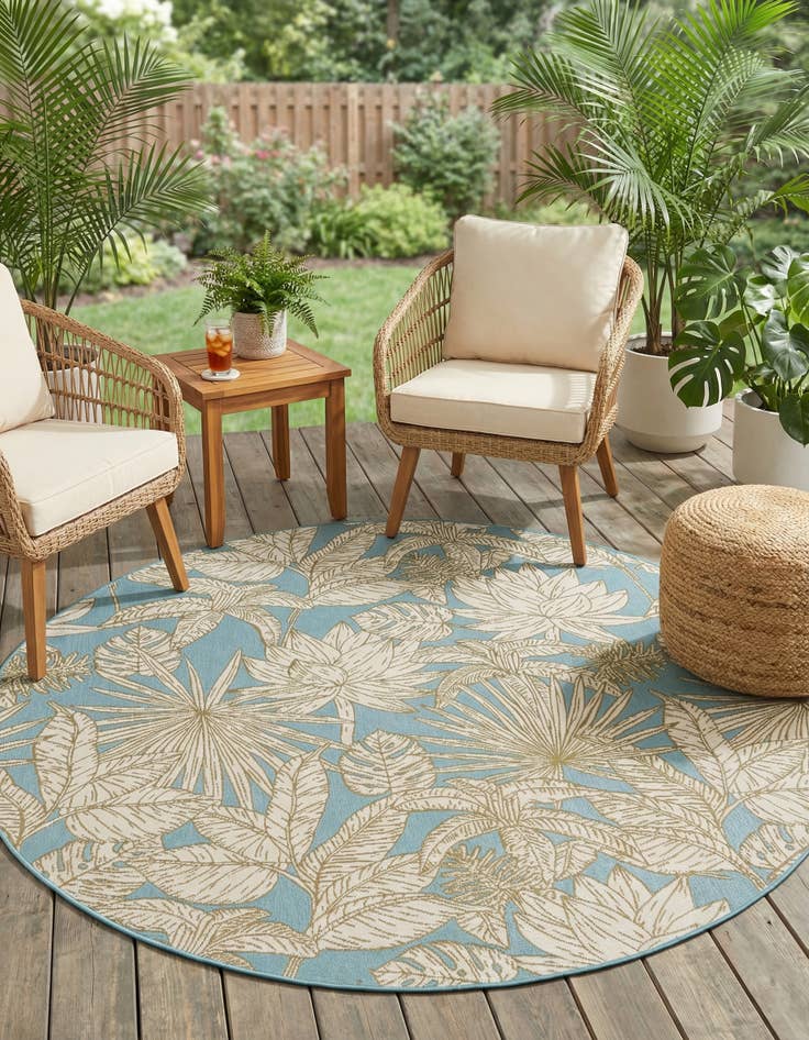 Detail image of 7' 10 x 7' 10  Washable Botanical Indoor / Outdoor Round Rug