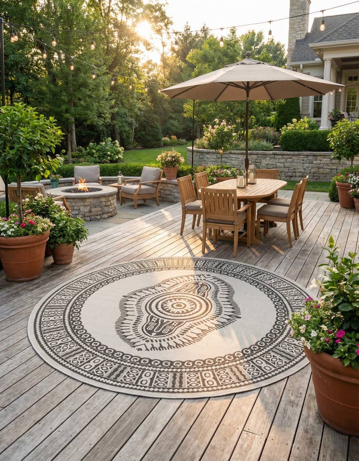 Detail image of 12' x 12'  Washable Traditional Indoor / Outdoor Round Rug