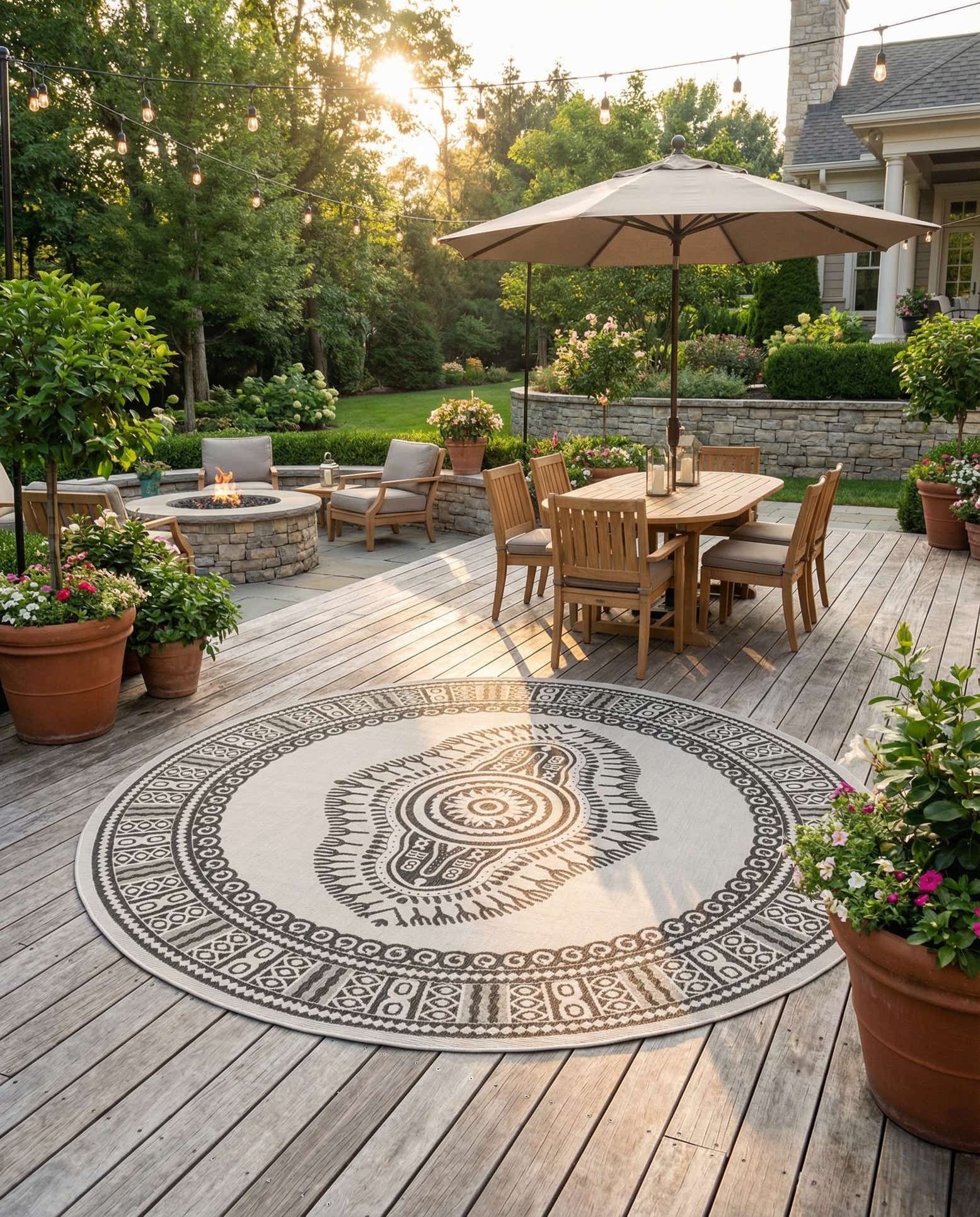 12' x 12' Easy-Clean Traditional Indoor / Outdoor Round Rug