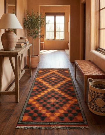 4' 3 x 12' 6 Hand Woven Kilim Fars Wool Runner Rug
