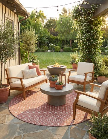 Rust Red Easy-Clean Lattice Indoor / Outdoor Round Rug