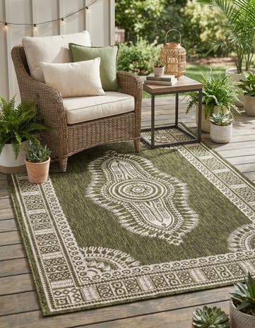 Green Easy-Clean Traditional Indoor / Outdoor Rug