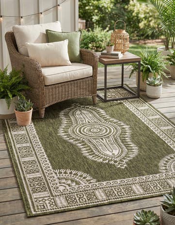 Green Easy-Clean Traditional Indoor / Outdoor Rug
