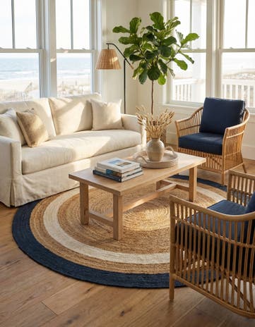 Navy Blue White Natural Handmade Braided Jute Round Rug