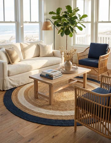 Navy Blue White Natural Handmade Braided Jute Round Rug