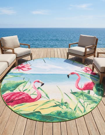 Blue and Green Easy-Clean Jill Zarin Caribbean Indoor / Outdoor Round Rug