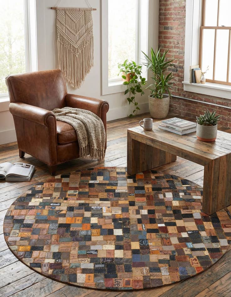 Detail image of 5' 1 x 5' 1 Jean Leather Tag Round Rug