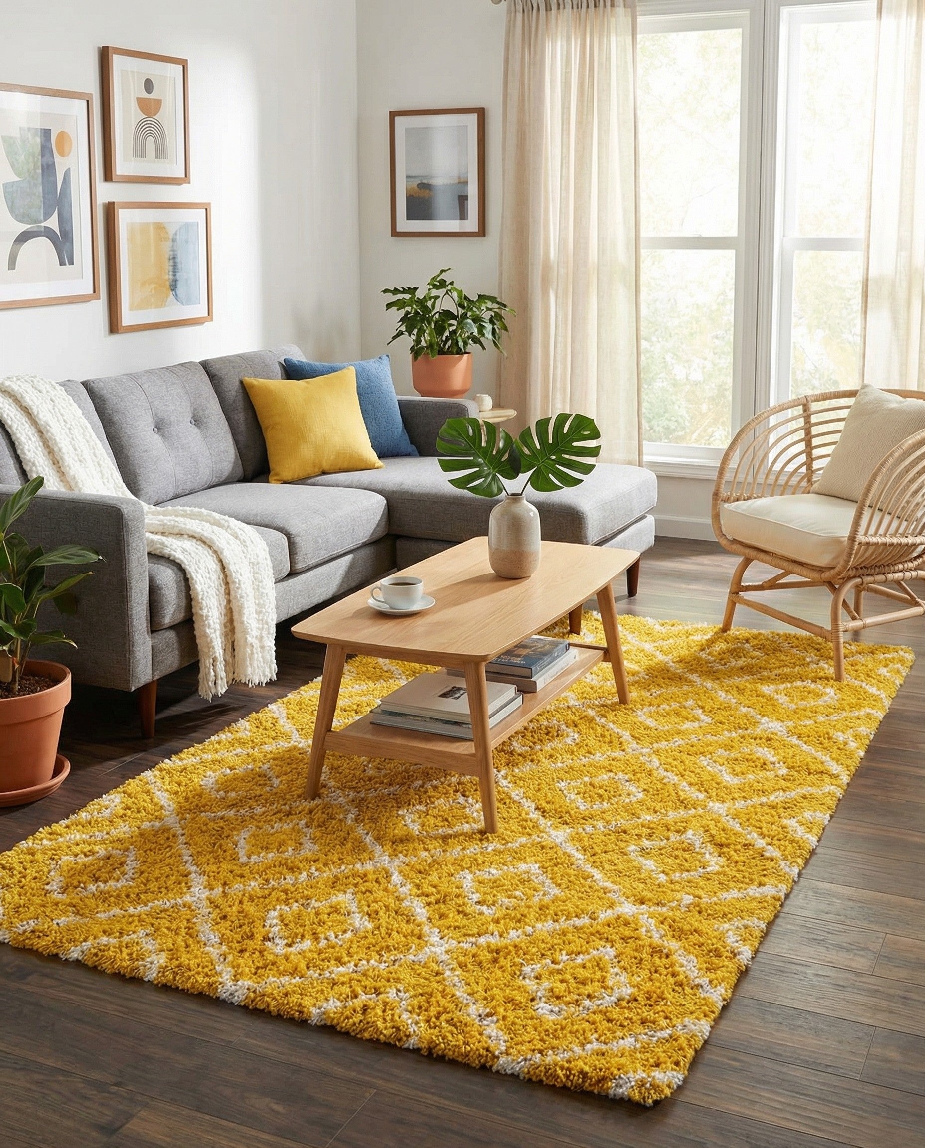 A vibrant 5x8 rectangular yellow shag rug with a modern white lattice pattern, showcasing its textured high-low pile.