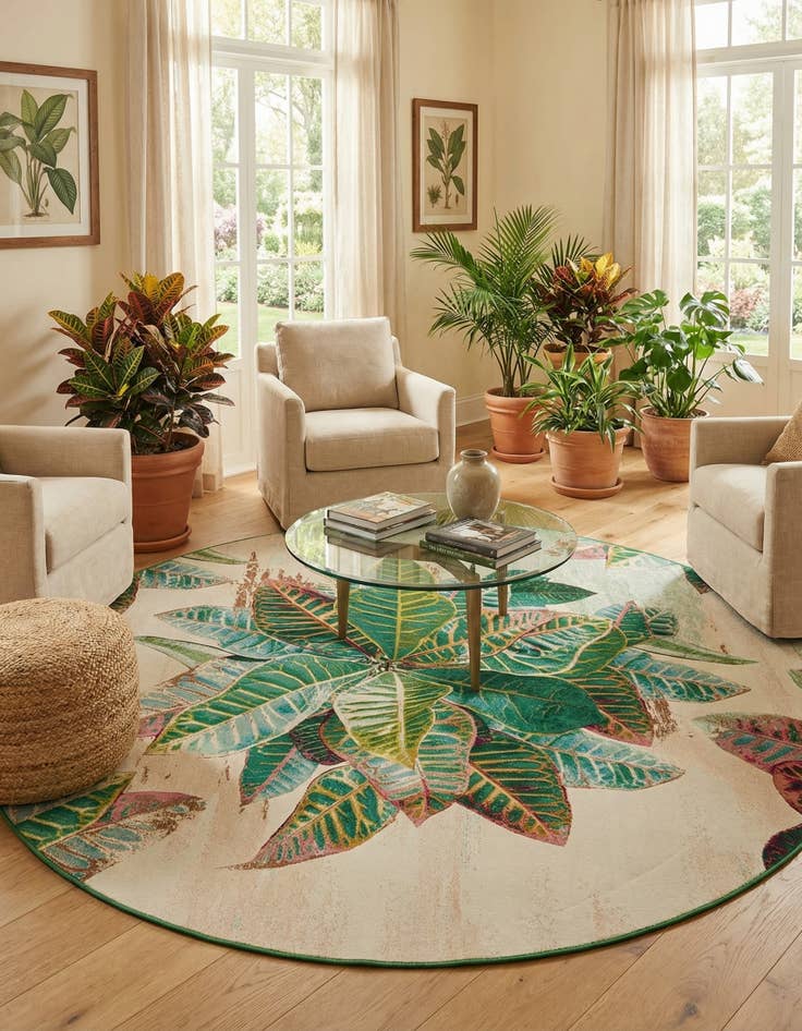 Detail image of  10' x 10'  Washable Botanical Indoor / Outdoor Round Rug
