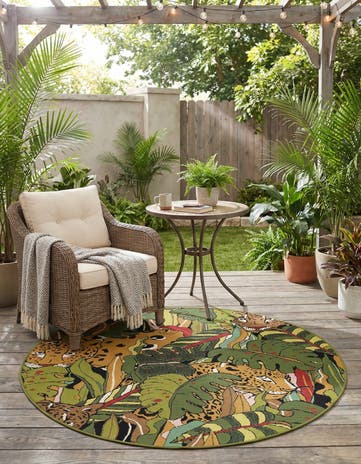 Green Easy-Clean Botanical Indoor / Outdoor Round Rug