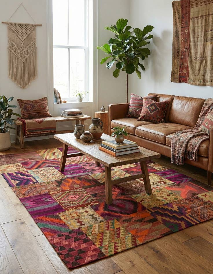 Detail image of  7' x 9' 7  Hand Woven Kilim Patchwork Wool Rug