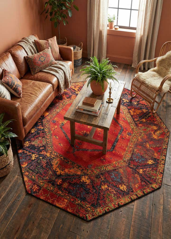 7' 10 x 7' 10 Easy-Clean Tribal Indoor / Outdoor Octagon Rug