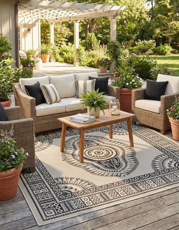 White and Black Easy-Clean Traditional Indoor / Outdoor Square Rug