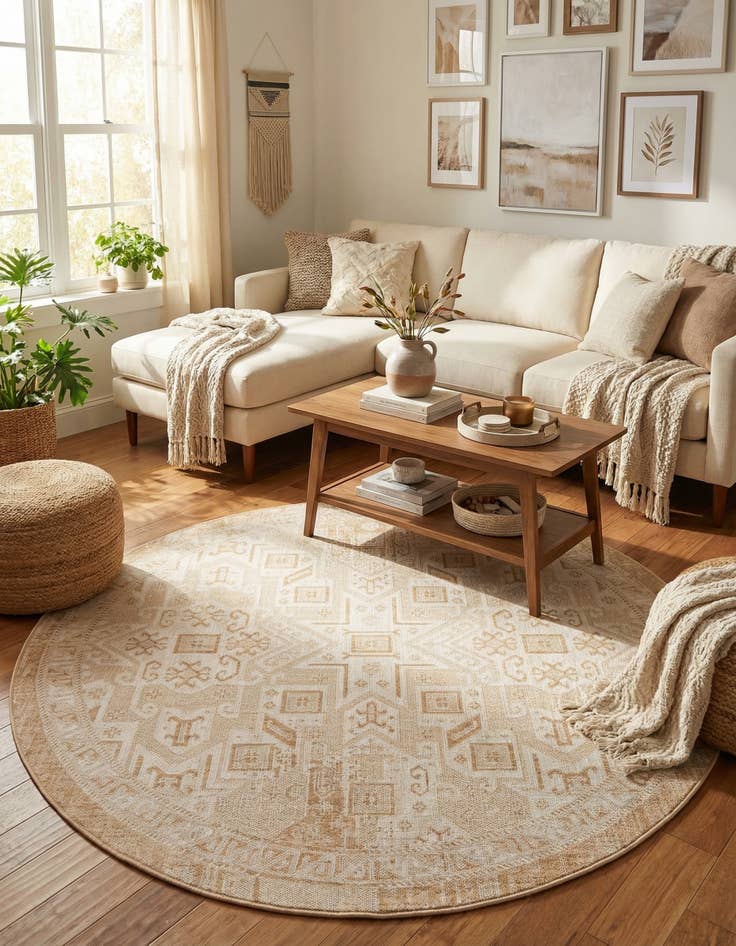Detail image of 7' 10 x 7' 10 Easy-Clean Aztec Indoor / Outdoor Round Rug