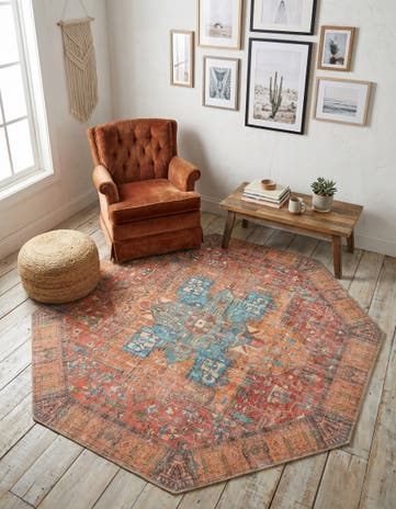Rust Red Washable Timeless Octagon Rug