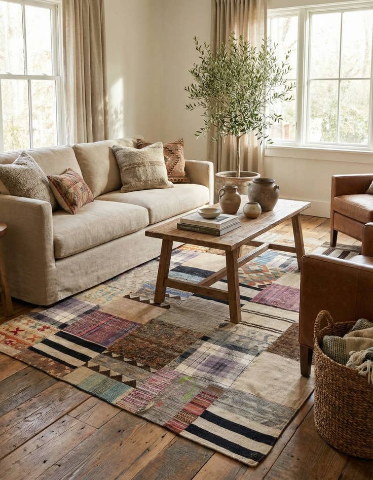 Detail image of 5' 5 x 7' 11  Hand Woven Kilim Patchwork Wool Rug