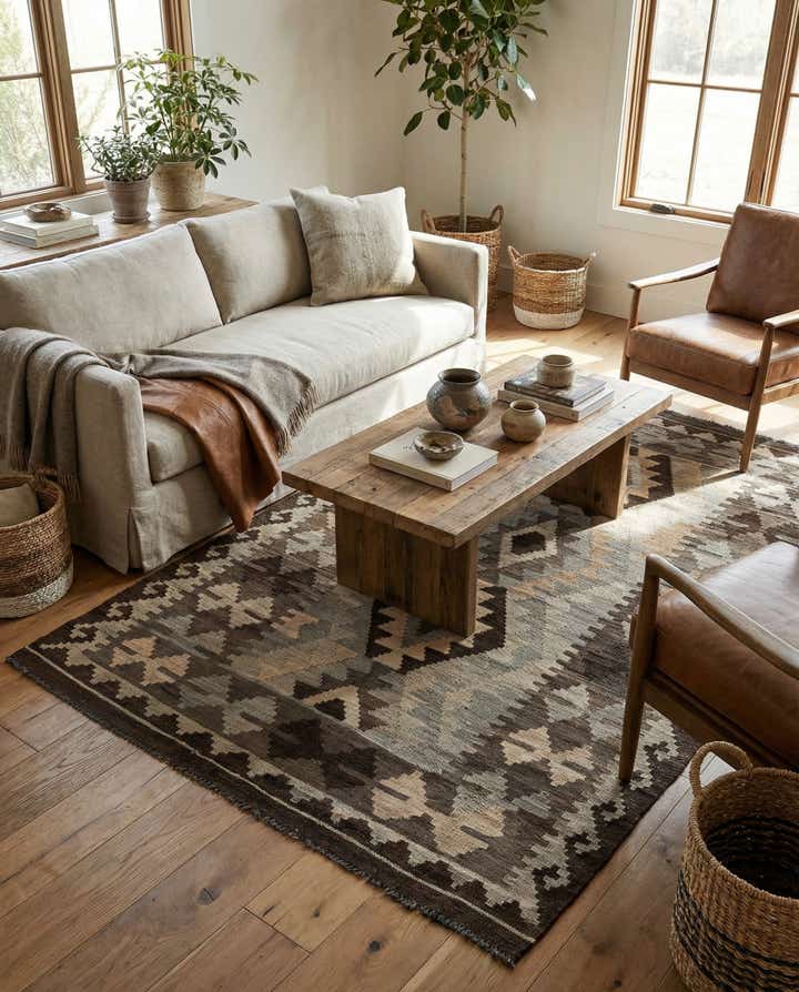 4' 2 x 6' 6 Hand Woven Kilim Maymana Wool Rug