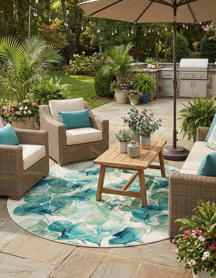 Detail image of 10' x 10'  Washable Botanical Indoor / Outdoor Round Rug