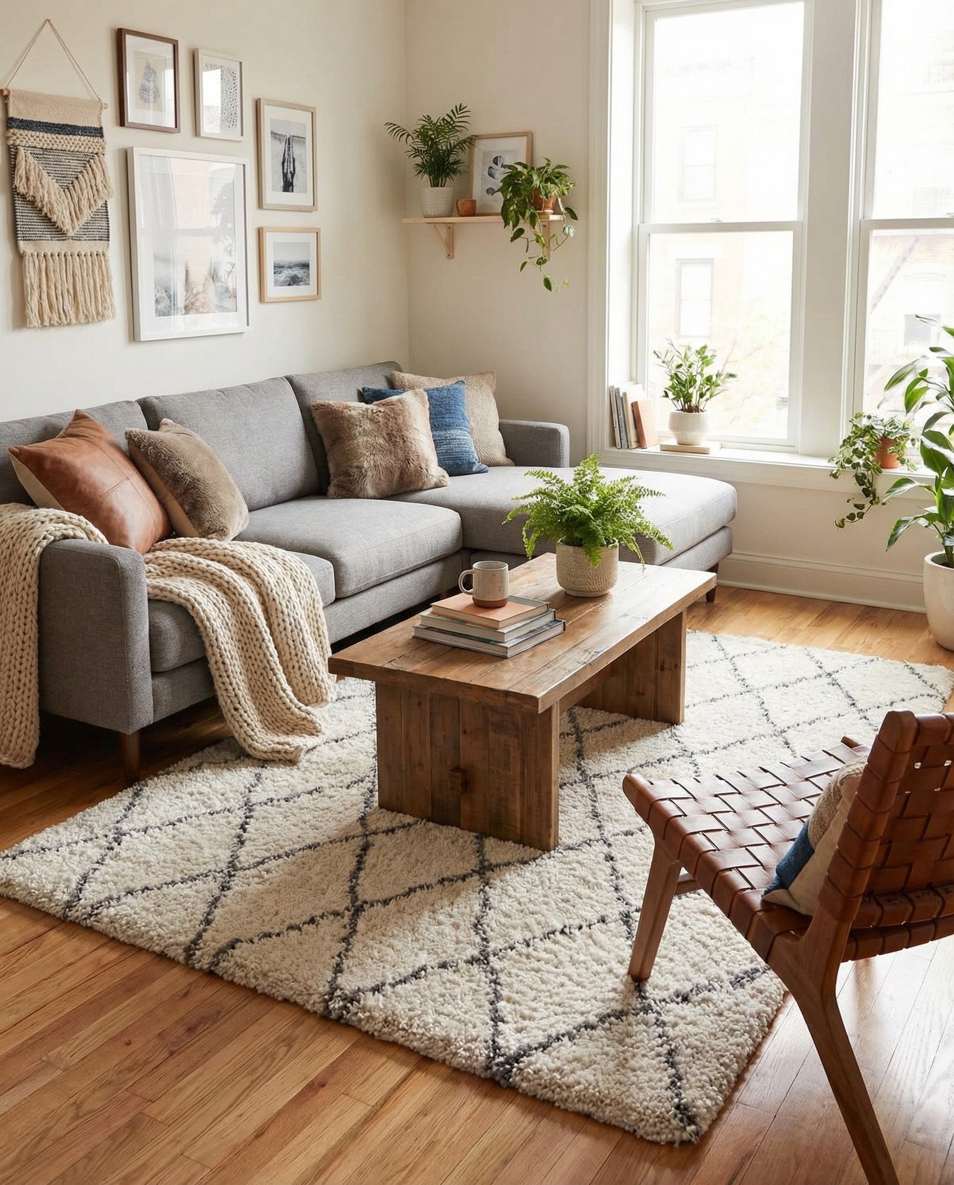 A 4x6 rectangular ivory shag rug with a gray trellis pattern, perfect for a modern living room.