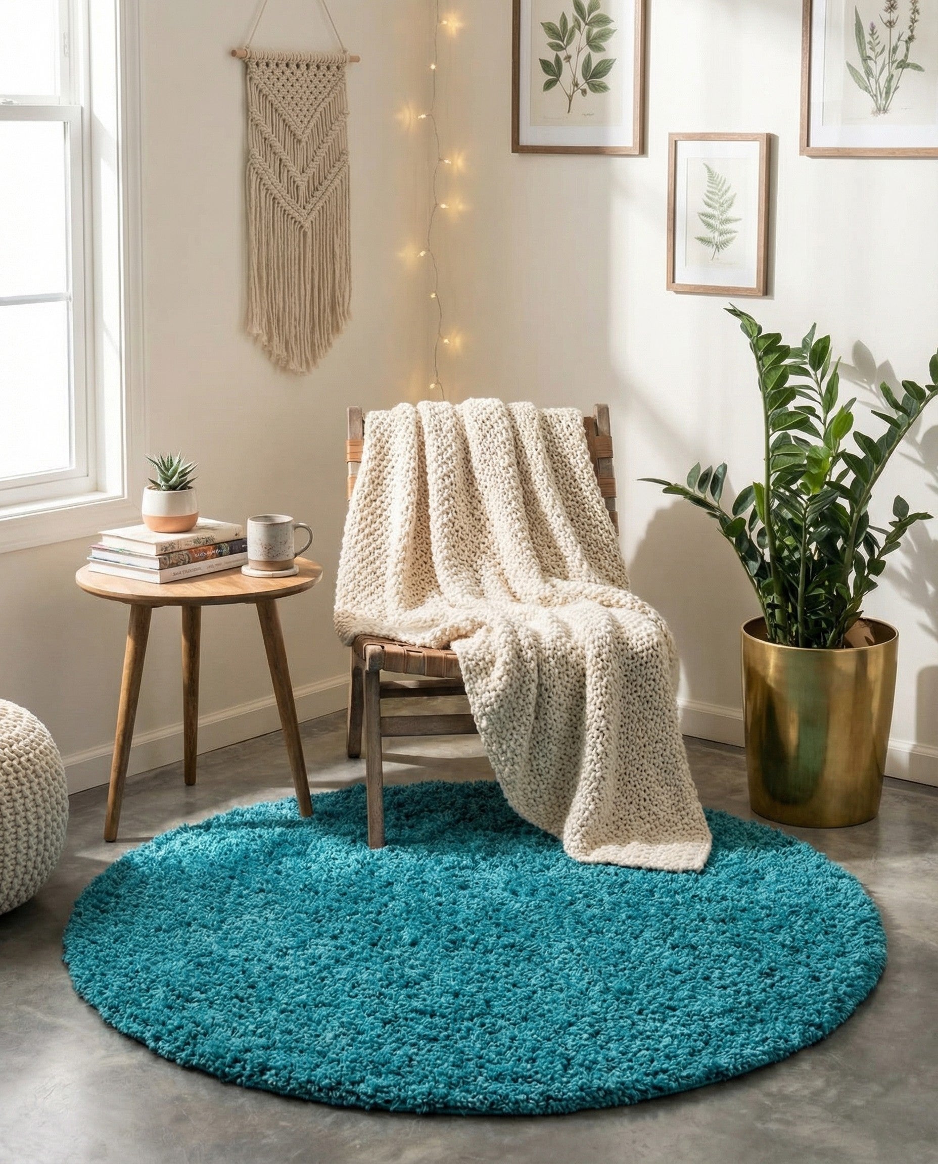 A 3' 0 x 3' 0 round blue shag rug with a plush, textured pile, suitable for a modern indoor space.