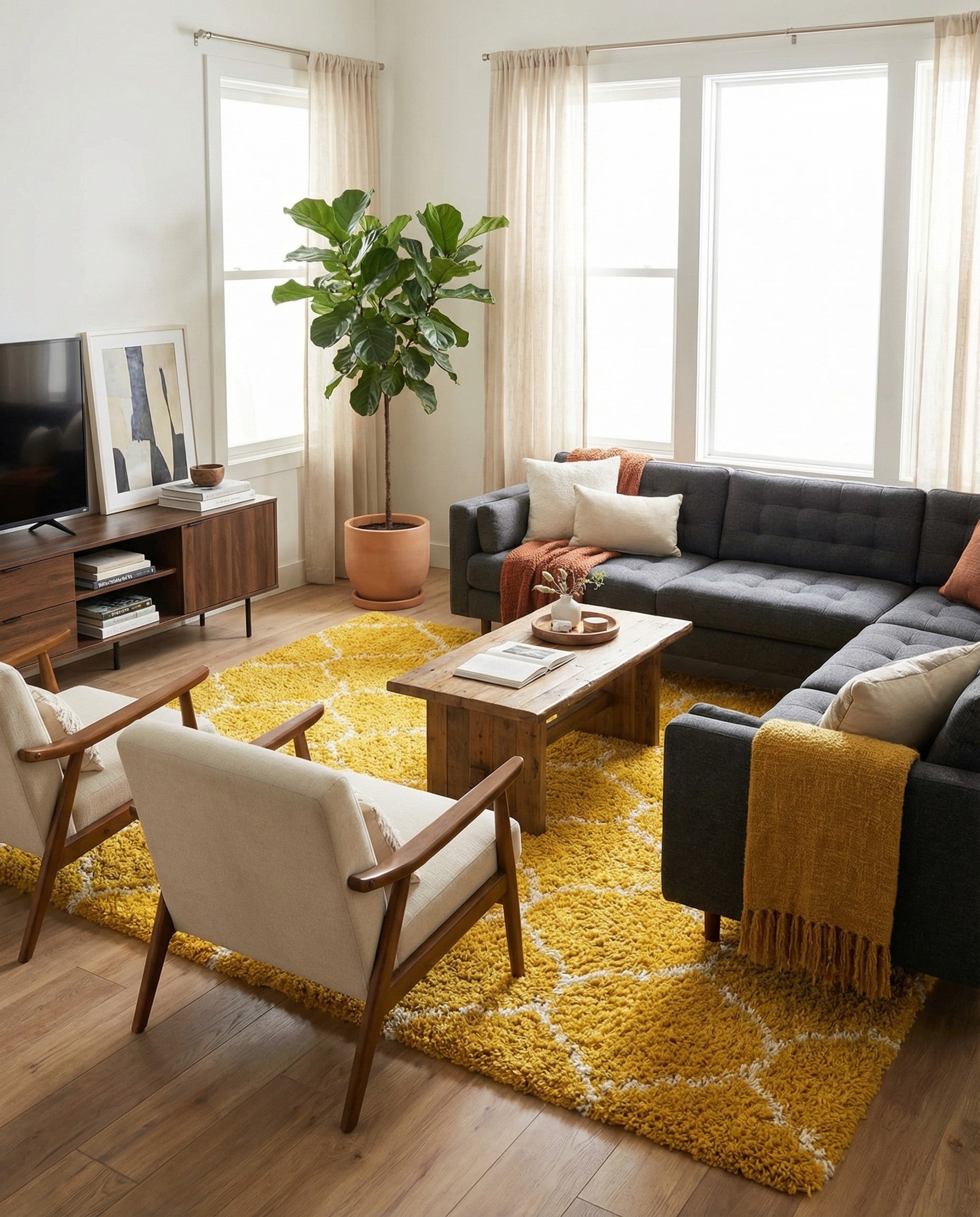 A 10x14 rectangular yellow shag rug with a modern white lattice pattern, featuring a textured high-low pile.