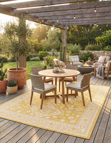 Yellow Easy-Clean Aztec Indoor / Outdoor Rug