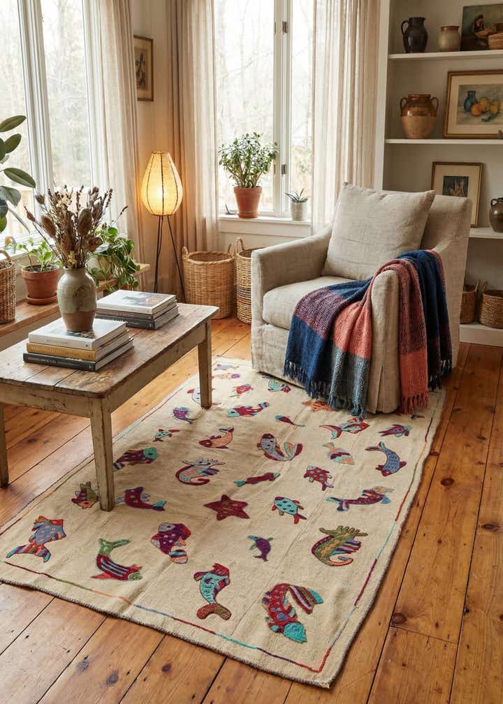 4' 7 x 7' Hand Woven Kilim Suzani Wool Rug