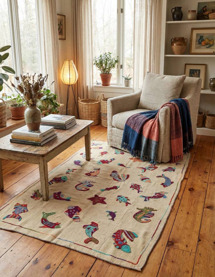 Detail image of 4' 7 x 7'  Hand Woven Kilim Suzani Wool Rug