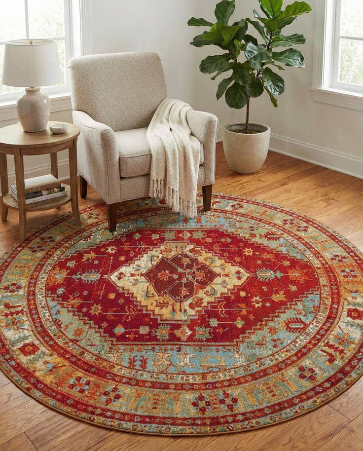 Detail image of 7' 10 x 7' 10 Easy-Clean Traditional Indoor / Outdoor Round Rug