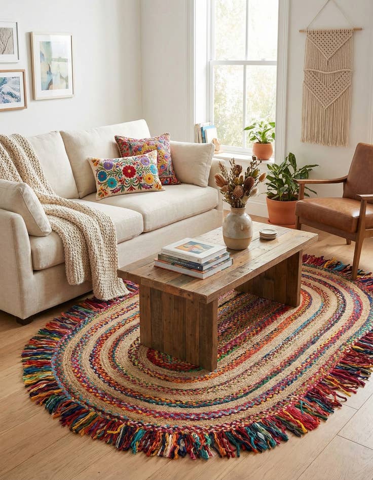 Detail image of 5' 1 x 8'  Hand Braided Chindi Jute Oval Rug