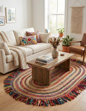 5' 1 x 8' Hand Braided Chindi Jute Oval Rug