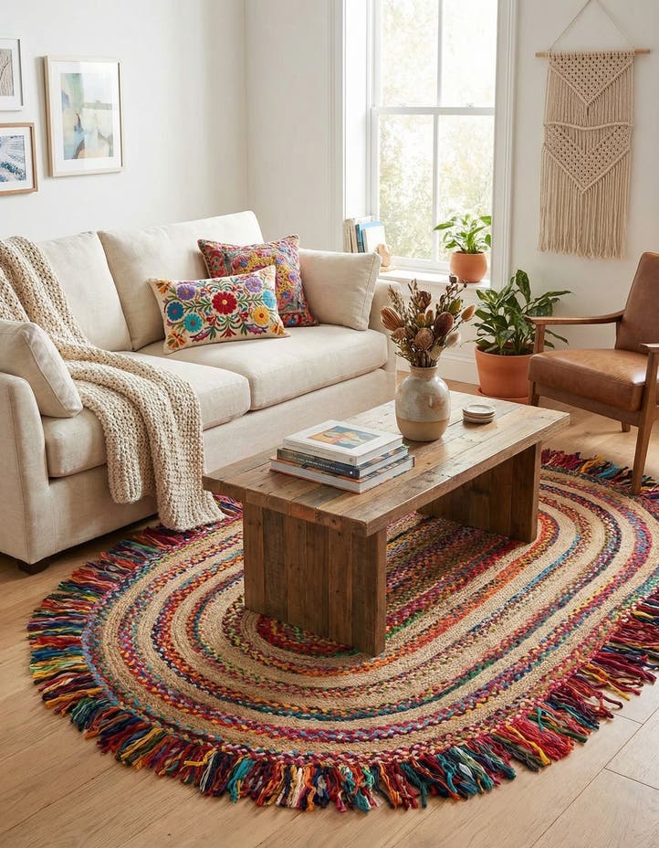 5' 1 x 8' Hand Braided Chindi Jute Oval Rug