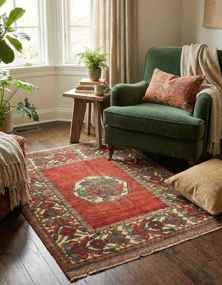 Detail image of  4' 2 x 4' 11  Hand Knotted Sumak Wool Rug