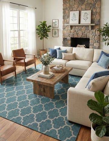 Teal Easy-Clean Lattice Indoor / Outdoor Rug