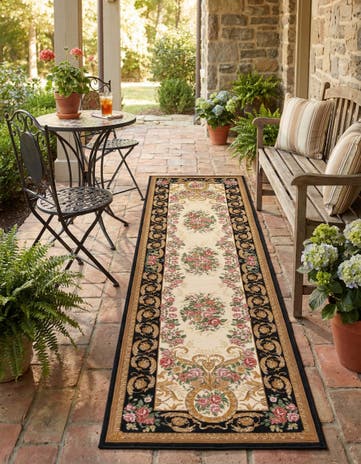 Black and Ivory Easy-Clean Traditional Indoor / Outdoor Runner Rug