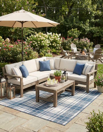 Blue Easy-Clean Checkered Indoor / Outdoor Square Rug