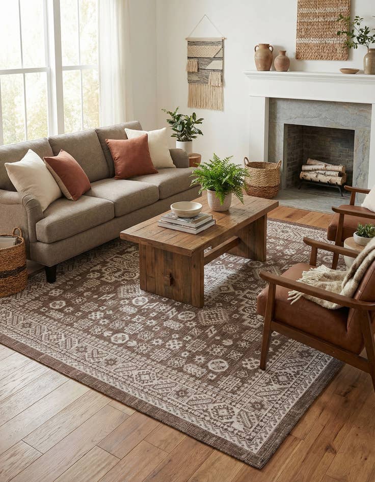 Detail image of 7' 10 x 7' 10  Washable Aztec Indoor / Outdoor Square Rug